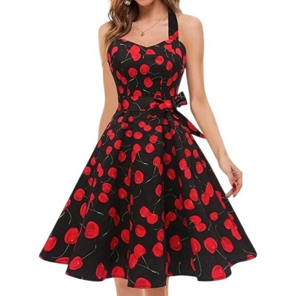 Topdress Black Red Cherry Print Halter Rockabilly Retro Pinup Dress Womens Small